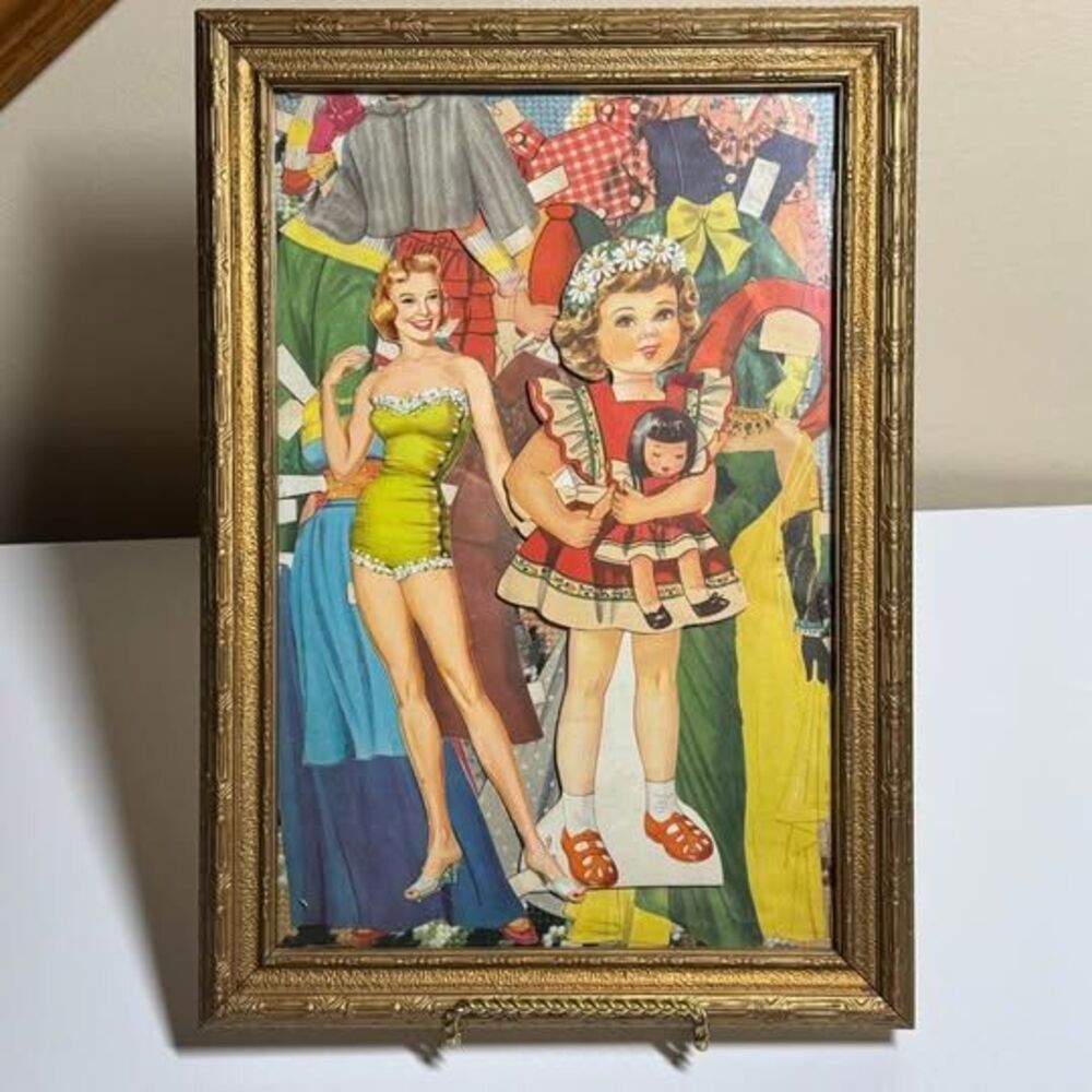 Vintage Paper Doll Collage in Gold Frame